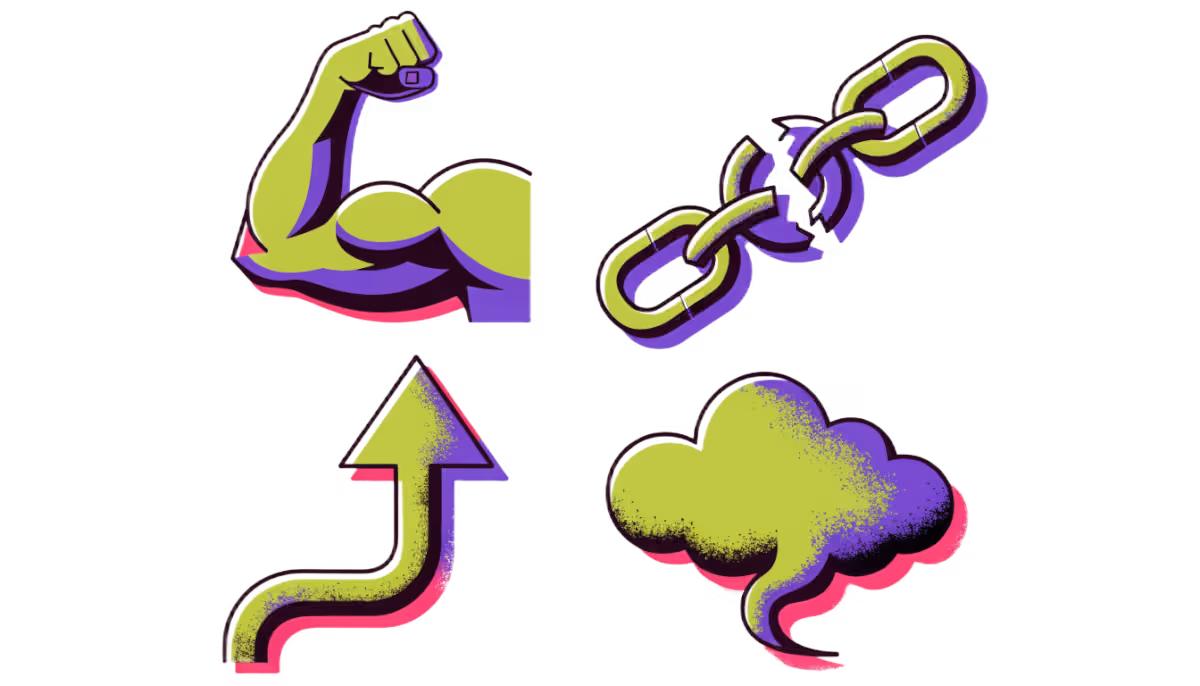 Ilustração de uma matriz dois por dois com quatro símbolos: braço forte, corrente partida, seta subindo e nuvem de tempestade