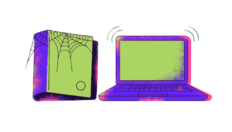 Ilustração de uma pasta antiga e empoeirada ao lado de um notebook aceso, o PDF parado e o site vivo