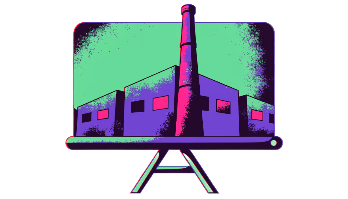 Ilustração de uma tela de apresentação exibindo uma fábrica