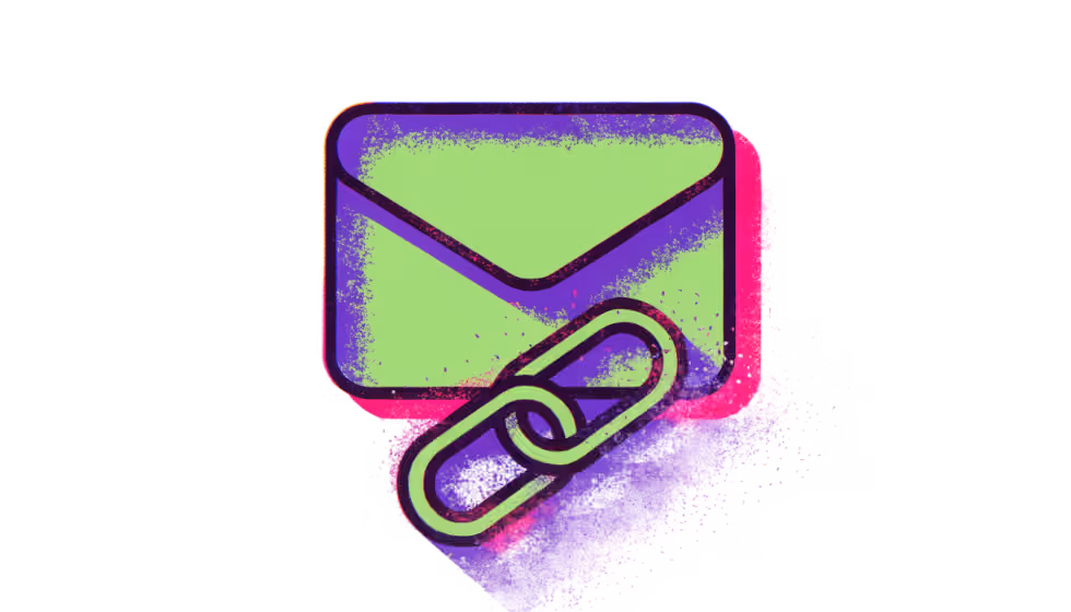 Ilustração de uma carta com um elo de corrente brilhante no rodapé, representando o link do site