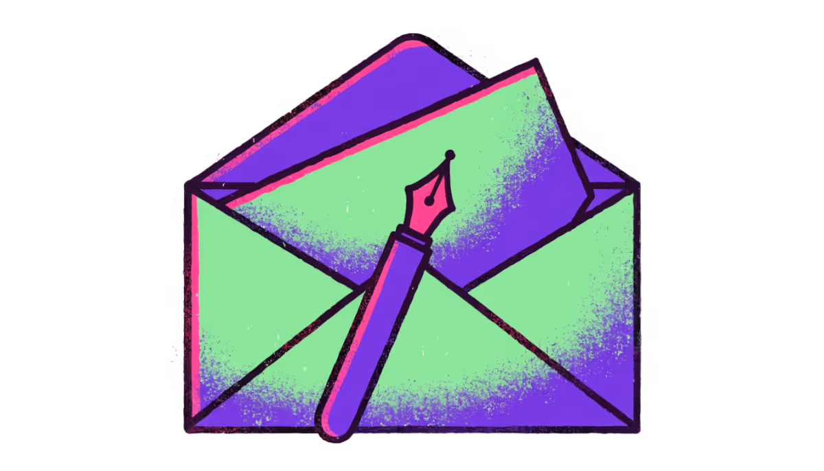 Ilustração de uma caneta assinando o rodapé de uma carta saindo de um envelope