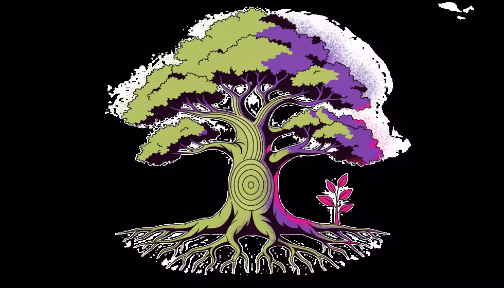 Ilustração de uma árvore com raízes profundas e anéis de tempo, firme ao lado de uma muda recém plantada