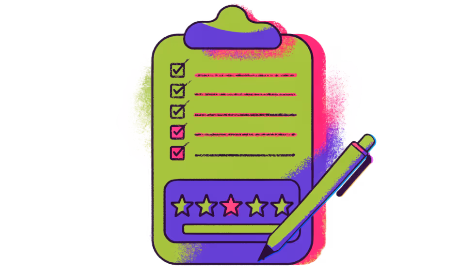 Ilustração de uma prancheta com um checklist e uma caneta, avaliando um site com estrelas