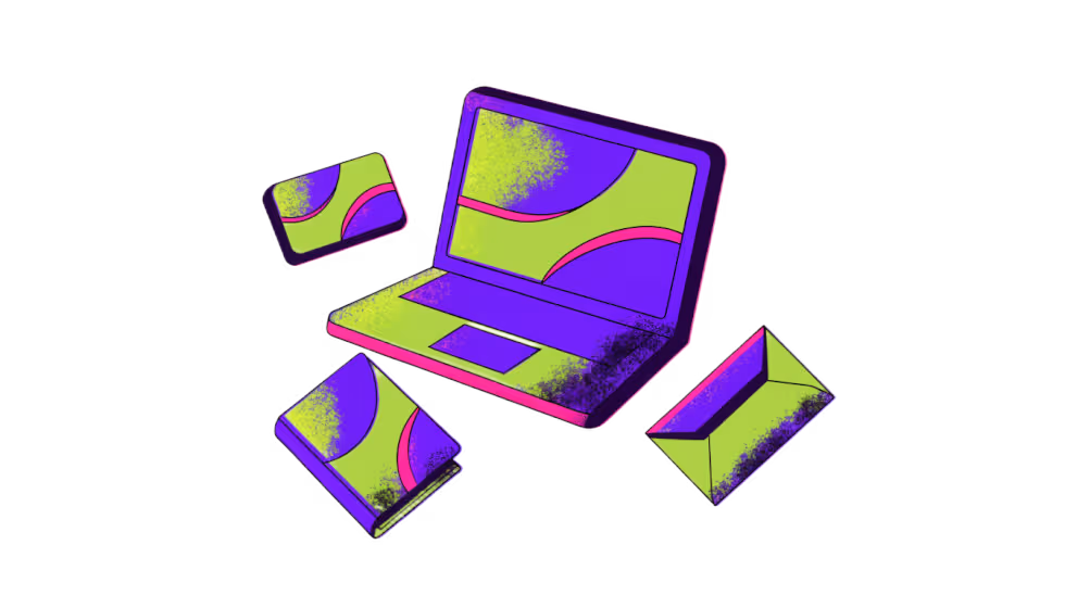 Ilustração de um notebook no centro cercado pelas peças da marca: cartão, catálogo e envelope