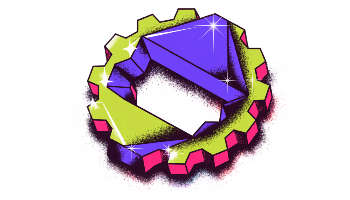 Ilustração de uma engrenagem industrial lapidada e brilhando como um diamante