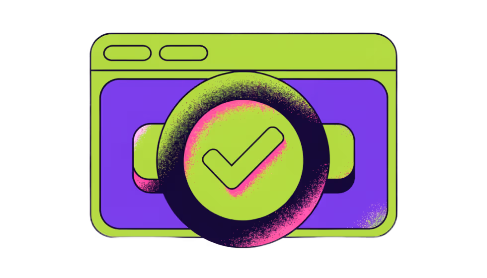 Ilustração de um selo com sinal de verificado à frente da janela de um site, representando site confiável e verificado
