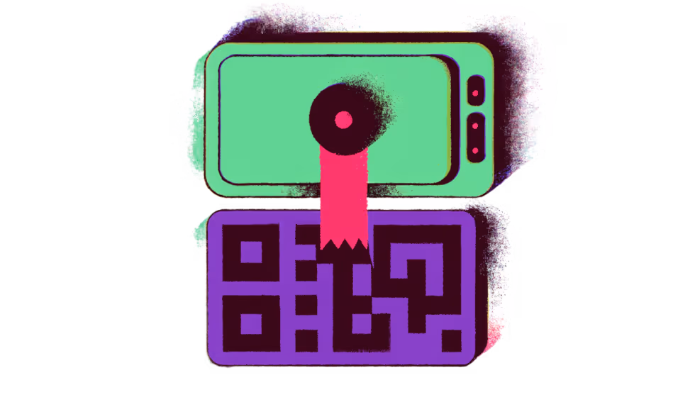 Ilustração de um celular escaneando o QR code de um cartão de visita