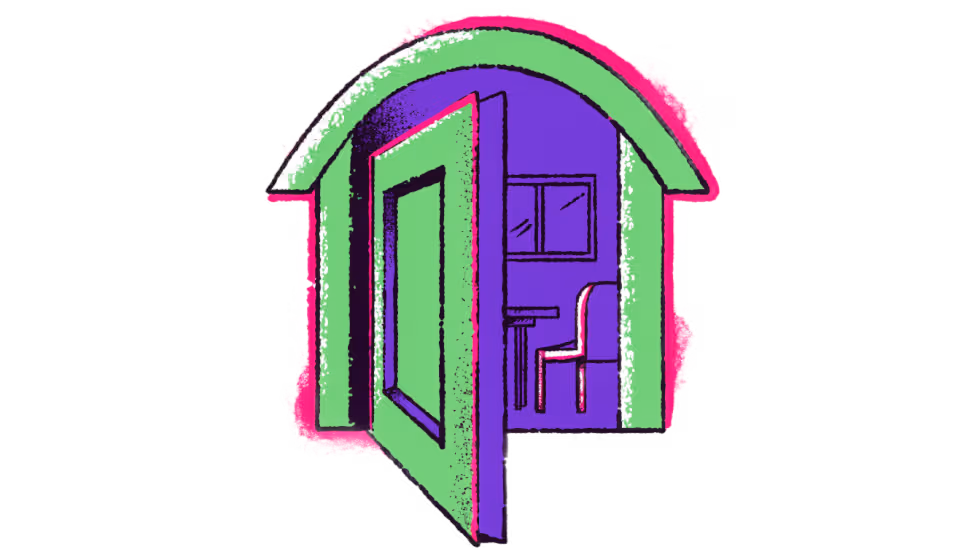 Ilustração de uma porta em forma de cartão de visita se abrindo pra uma casa, representando o cartão como porta e o site como casa