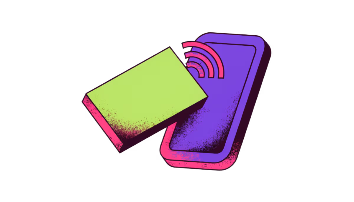 Ilustração de um cartão de visita encostando num celular com ondas de aproximação