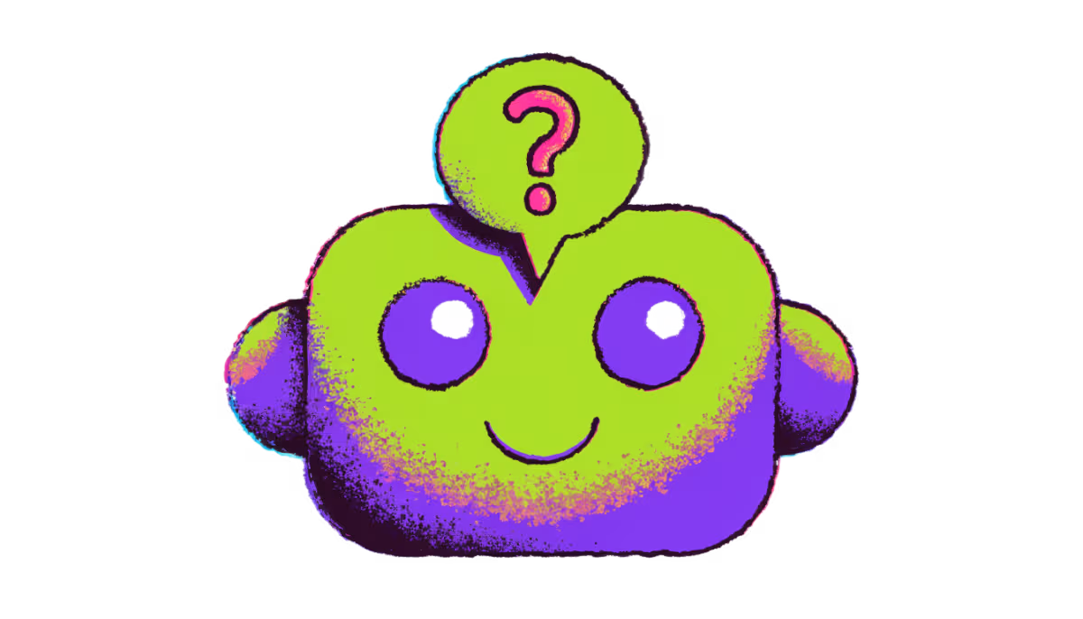 Ilustração de um robô de chat com balão de fala e ponto de interrogação