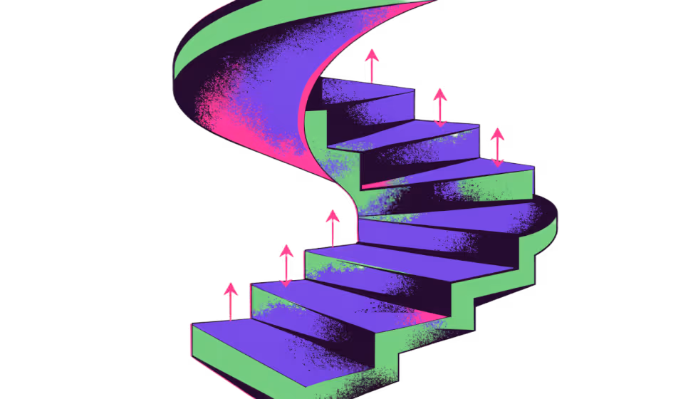Ilustração de uma escada em espiral subindo com setas pequenas
