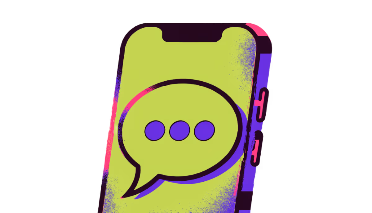 Ilustração de um celular com um balão de conversa vazio de reticências
