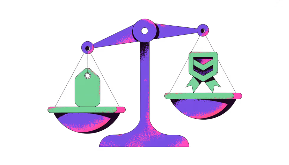 Ilustração de uma balança equilibrando uma etiqueta de preço e um selo de confiança