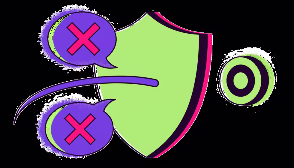 Ilustração de um escudo bloqueando palavras indesejadas antes de chegarem ao alvo
