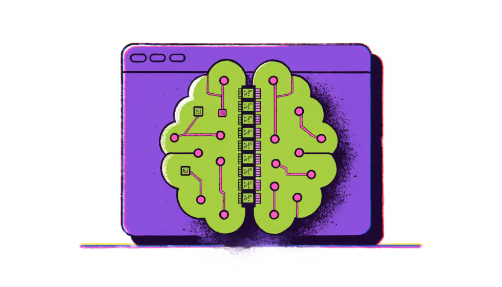 Ilustração de um cérebro de circuito dentro de uma janela de navegador, representando a inteligência artificial lendo um site