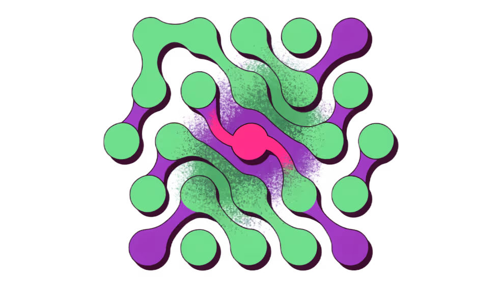 Ilustração de uma rede neural de nós conectados, representando como a IA conecta as informações de um site