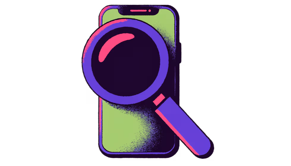Ilustração de um smartphone sendo inspecionado com uma lupa