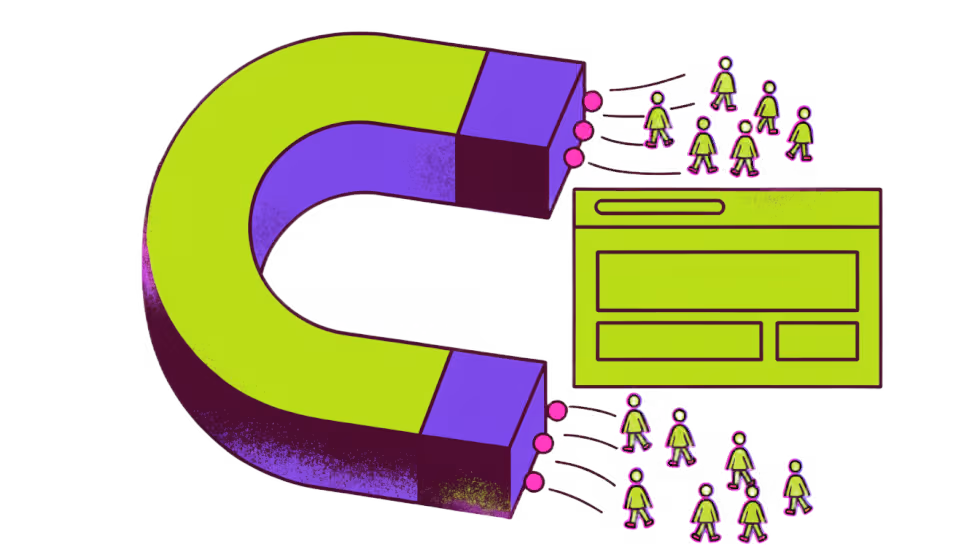 Ilustração de um ímã atraindo visitantes em direção a uma janela de site