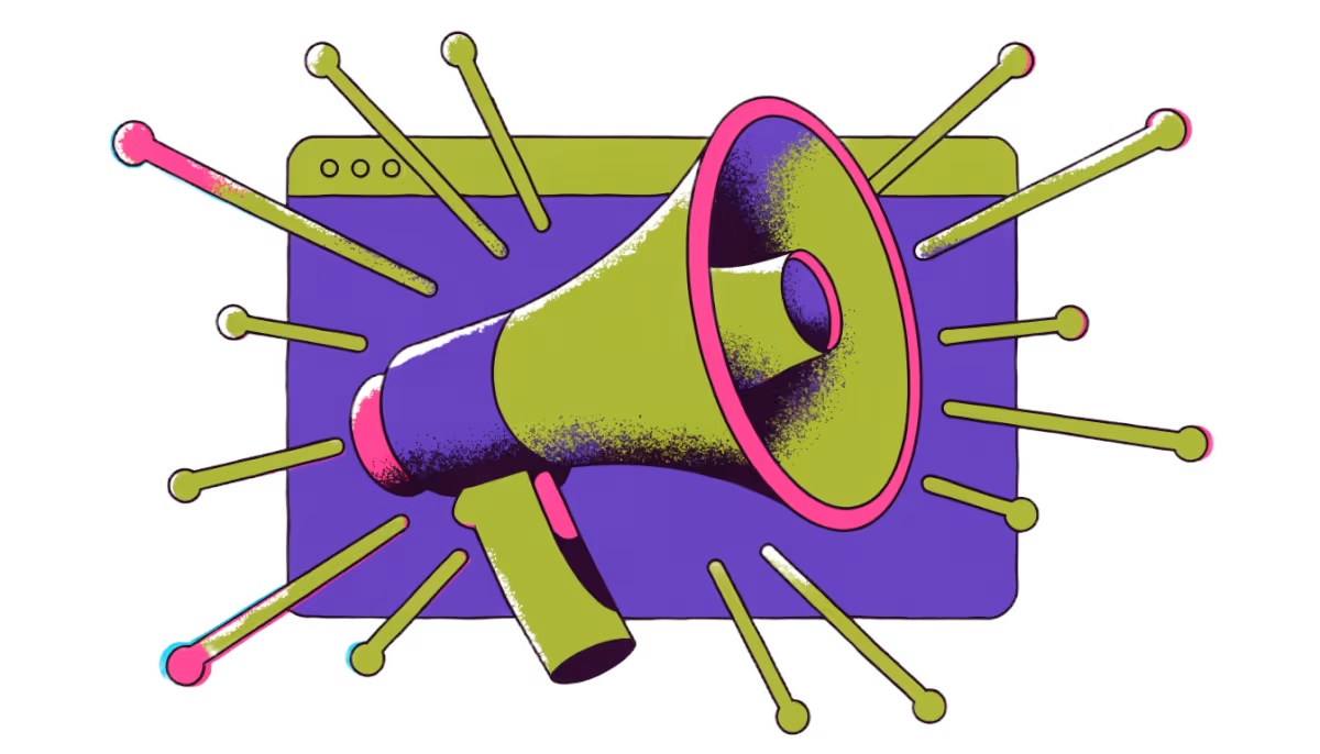Ilustração de um megafone saindo de uma janela de site anunciando para todos os lados