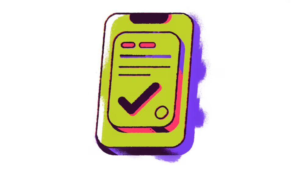 Ilustração de um celular exibindo um documento com marca de confirmação, o orçamento enviado por mensagem