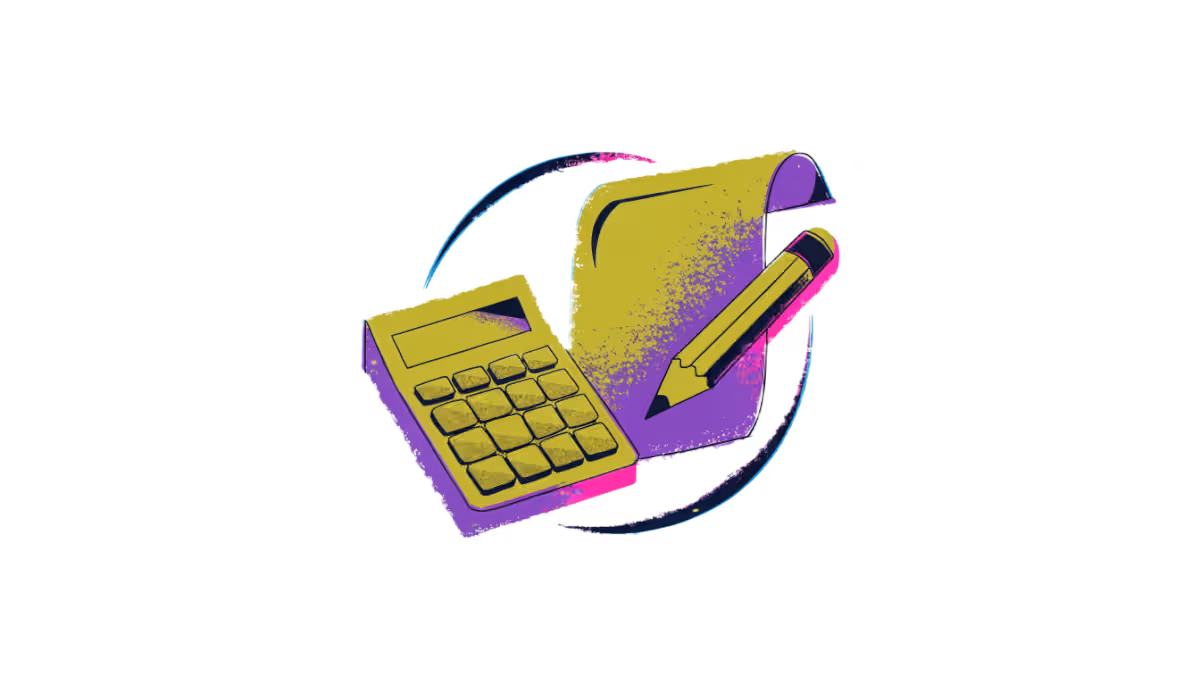 Ilustração de uma calculadora ao lado de uma folha de orçamento com lápis