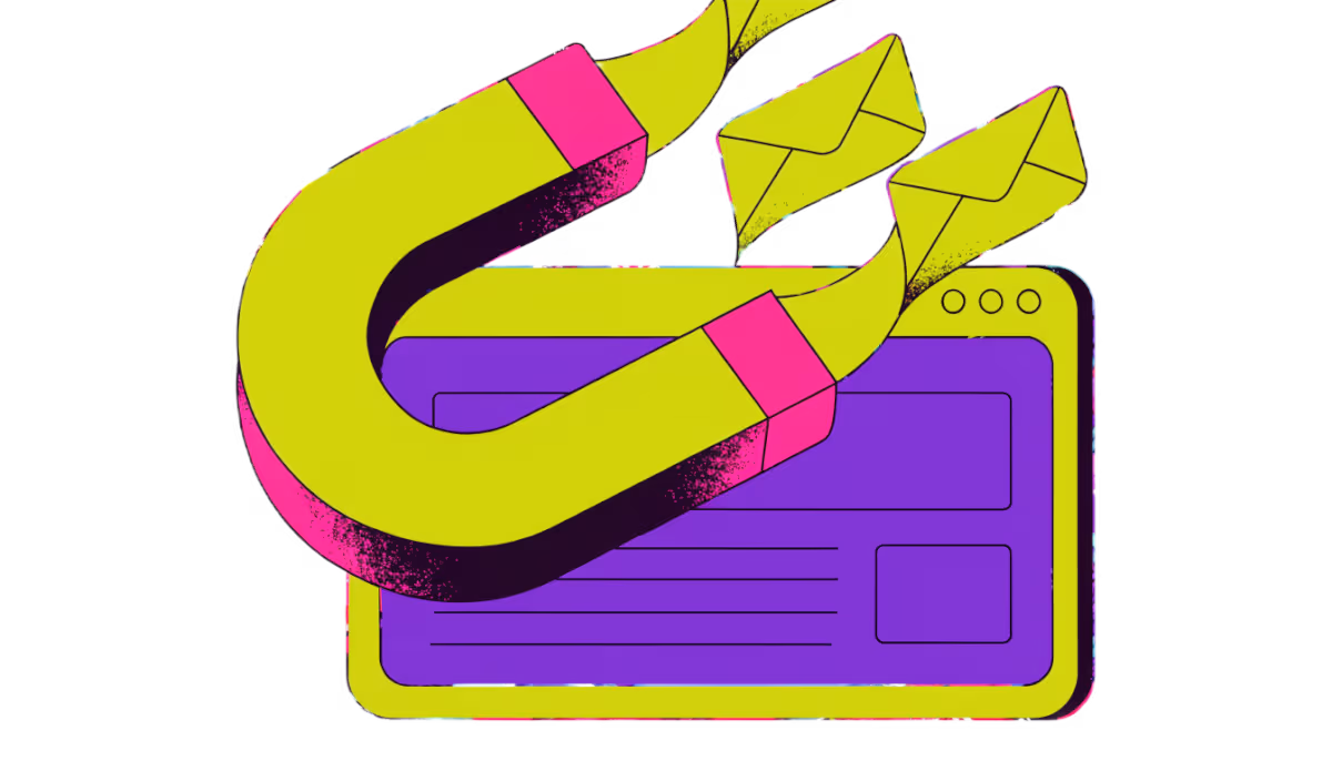 Ilustração de um ímã atraindo envelopes de contato pra dentro de uma janela de site