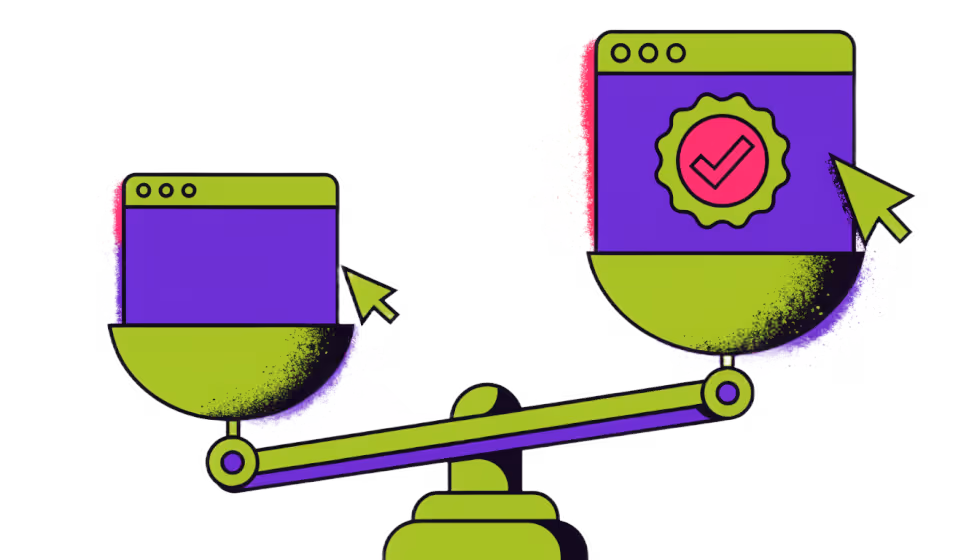 Ilustração de uma balança comparando duas janelas de site, com um selo de aprovação na mais pesada