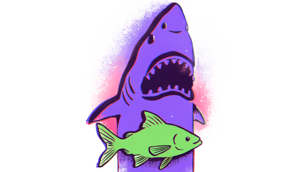 Ilustração de um peixe pequeno projetando na parede a sombra de um grande tubarão