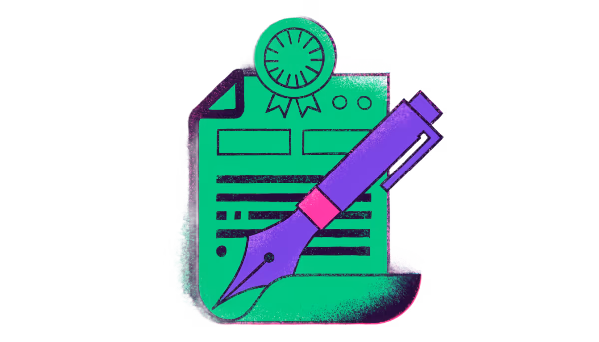 Ilustração de um contrato com caneta e selo de aprovação
