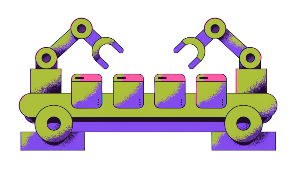 Ilustração de uma esteira robótica produzindo janelas de site idênticas em série