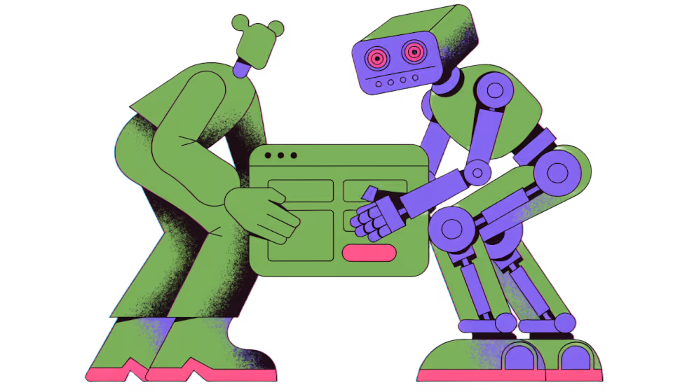 Ilustração de uma pessoa e um robô construindo juntos a mesma janela de site