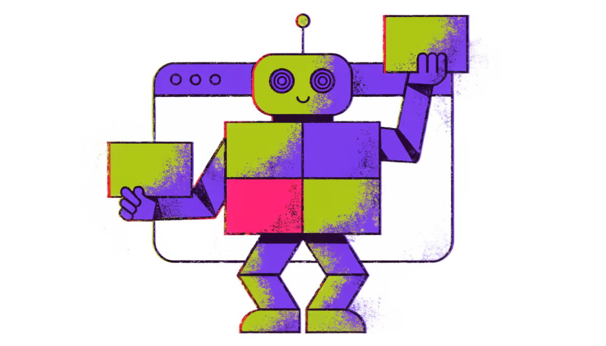 Ilustração de um robô montando a janela de um site