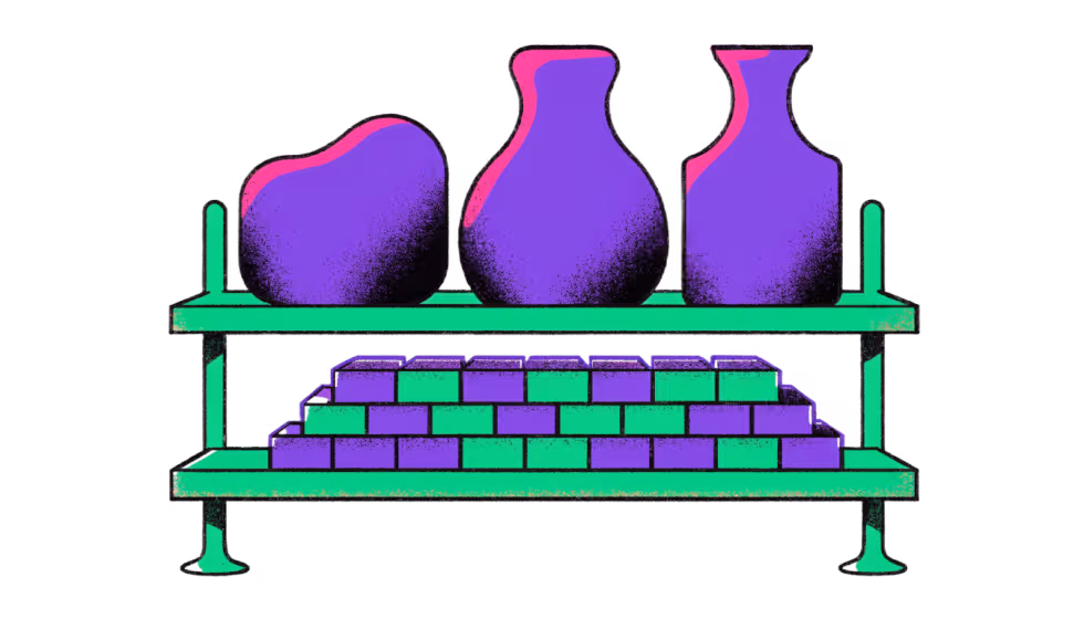 Ilustração de uma prateleira de estoque com poucos itens grandes destacados e muitos pequenos