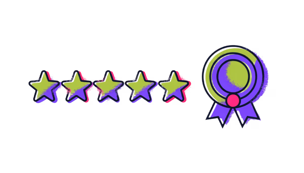 Ilustração de estrelas de avaliação e um selo, representando a prova social e a reputação de uma empresa no site