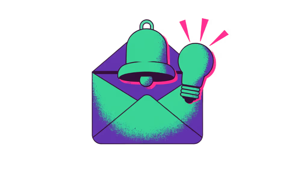 Ilustração de um envelope com um sino de notificação reacendendo uma lâmpada apagada