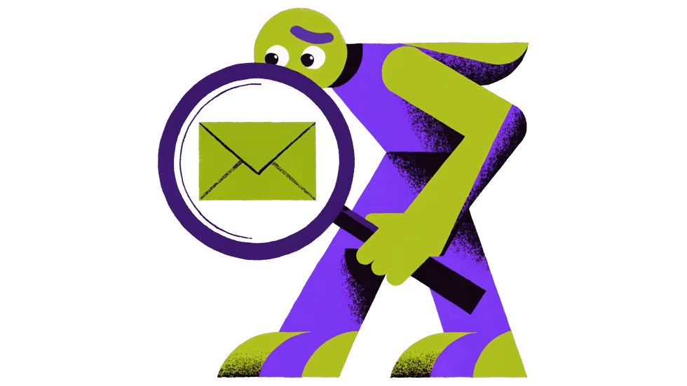 Ilustração de um comprador desconfiado examinando um envelope com uma lupa