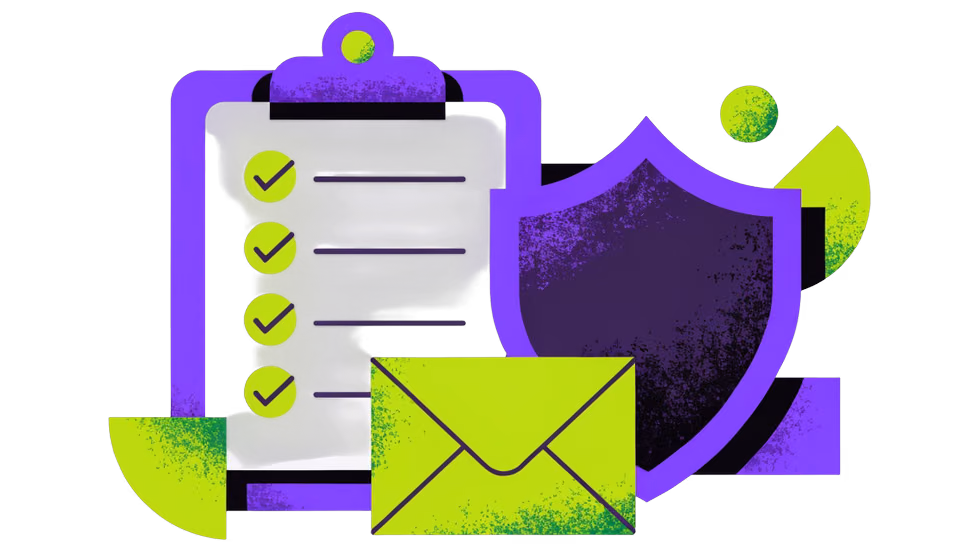 Ilustração de uma prancheta de exigências com marcações ao lado de um escudo e um envelope