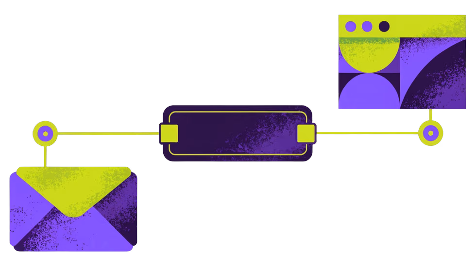 Ilustração de uma placa de domínio ligada por linhas a um envelope e a uma janela de site