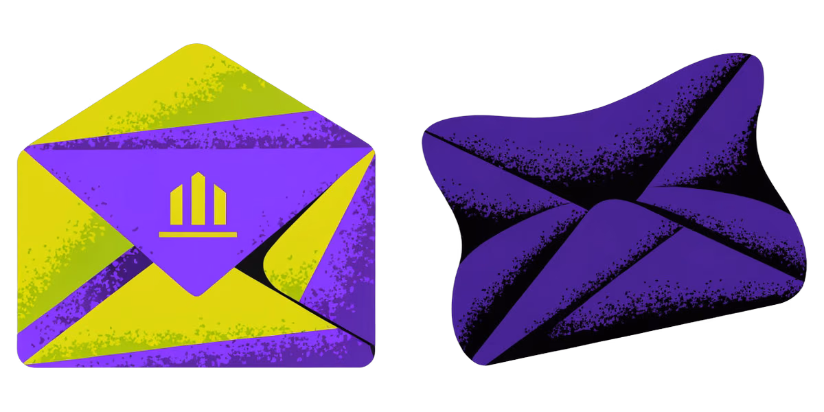 Ilustração de dois envelopes, um impecável com emblema de empresa e outro amassado e apagado