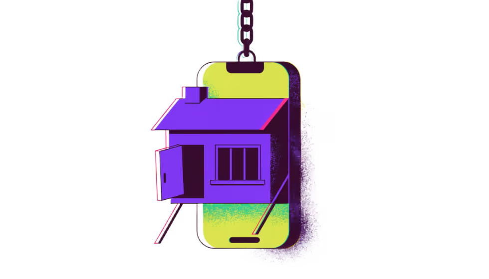 Ilustração de um celular com vitrine de rede social pendurada numa placa de aluguel
