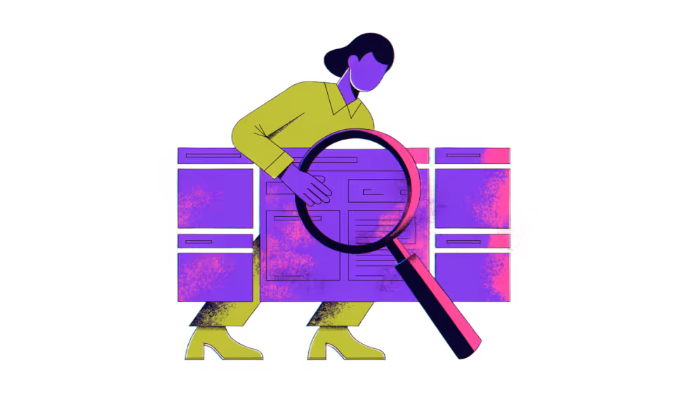 Ilustração de um comprador com lupa avaliando a fachada digital de uma empresa