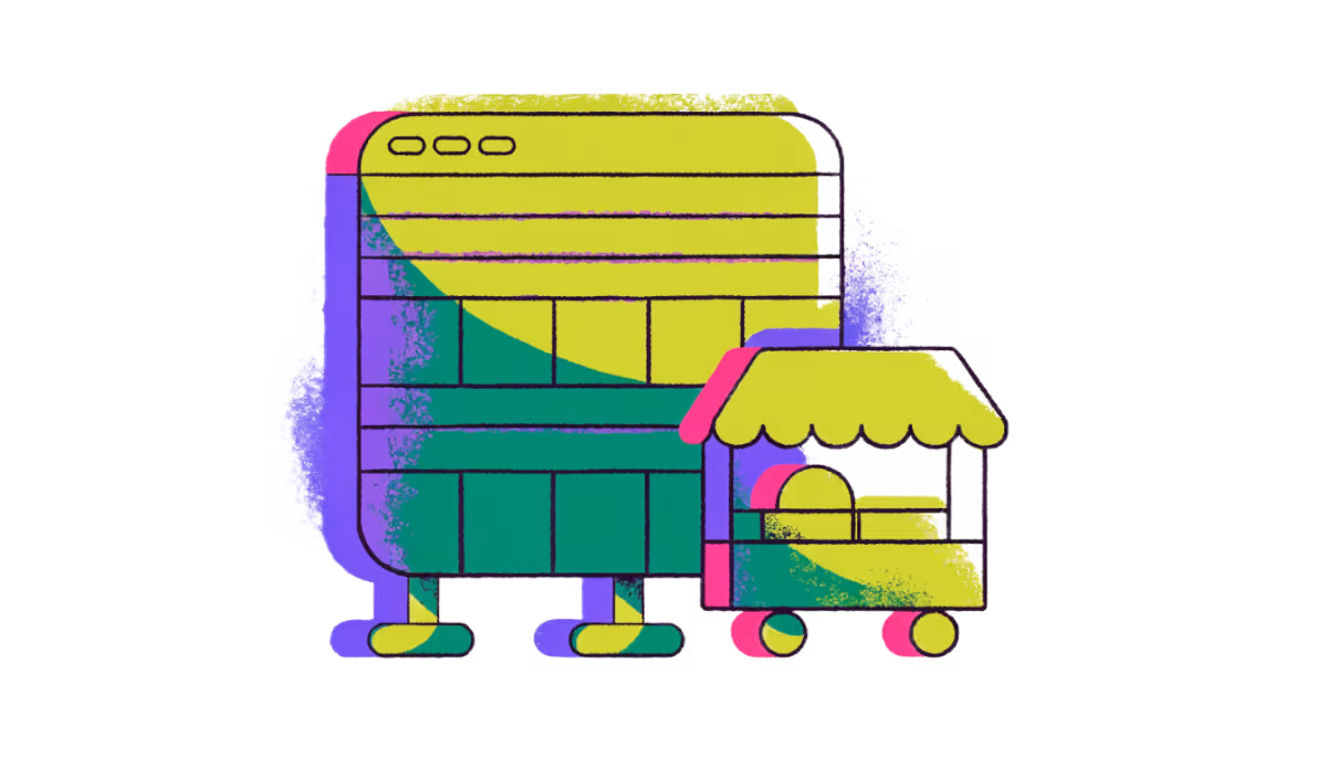 Ilustração de uma sede própria de site ao lado de uma vitrine alugada com placa de aluguel