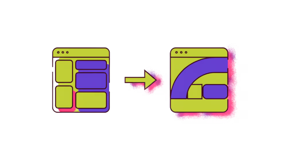 Ilustração de um rascunho de site em preto e branco se transformando em tela final colorida, representando a passagem do UX pro UI