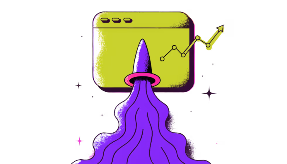 Ilustração de uma janela de navegador decolando como um foguete, representando o lançamento do site