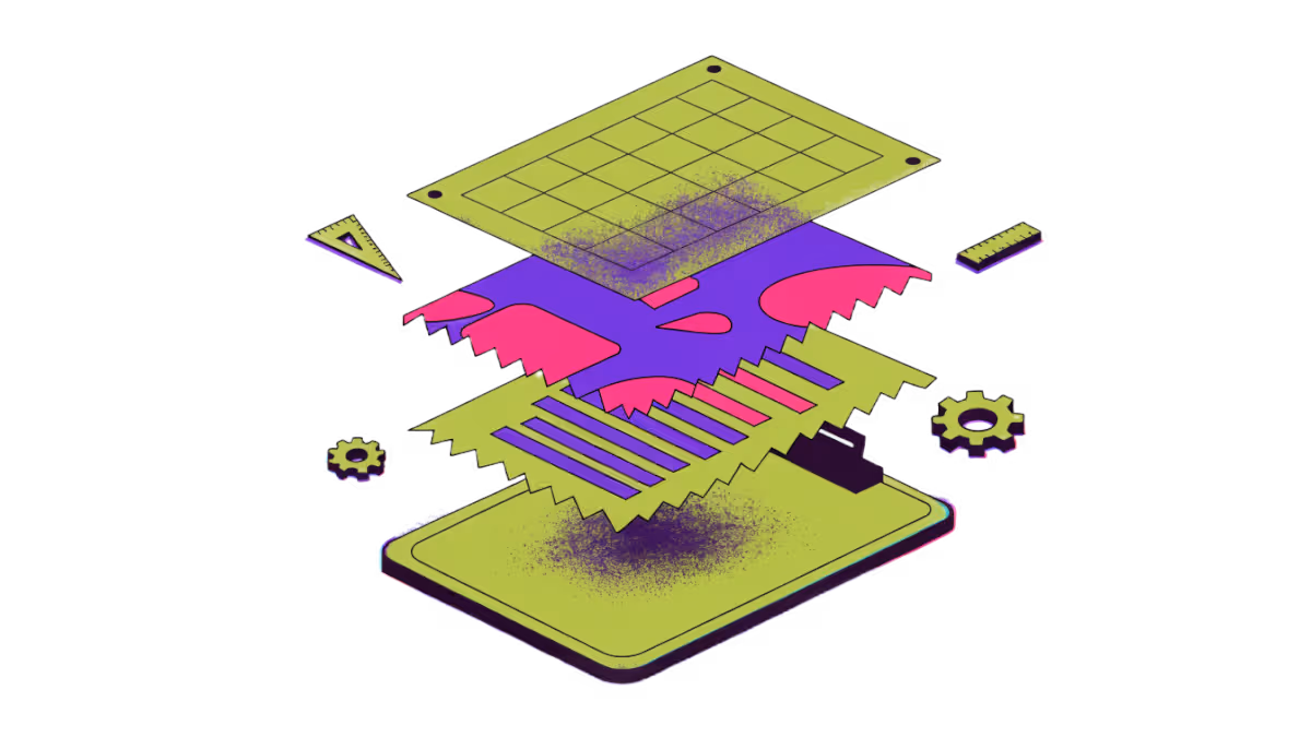 Ilustração de camadas de um site se empilhando sobre uma prancheta de projeto, da estrutura ao design final