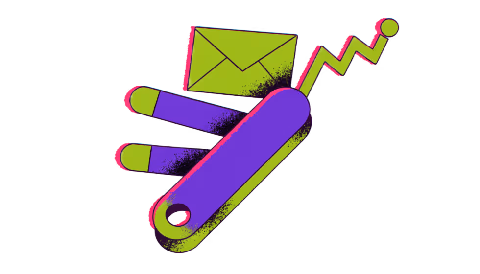 Ilustração de um canivete multiuso com ferramentas digitais: envelope, ímã e gráfico