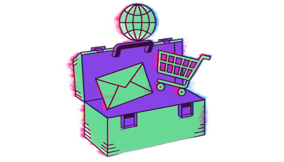 Ilustração de uma caixa de ferramentas aberta com um globo, um envelope e um carrinho flutuando