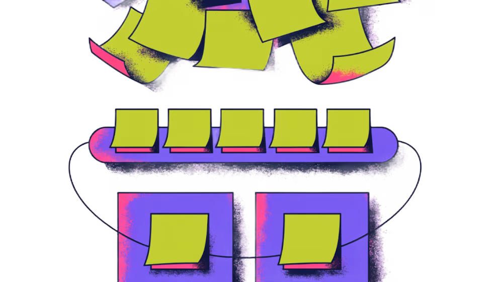 Ilustração de post-its sendo organizados numa parede em sequência de processo