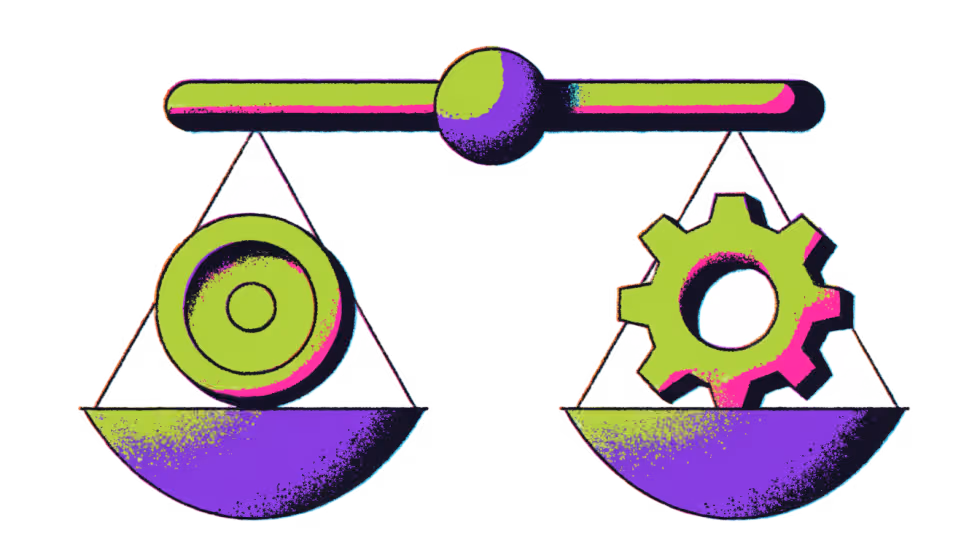 Ilustração de uma balança com uma moeda de um lado e uma engrenagem do outro, o custo e o preço em equilíbrio