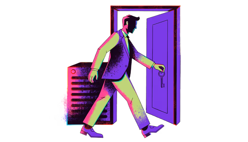 Ilustração de uma pessoa saindo por uma porta com uma chave, deixando pra trás um servidor desligado no escuro